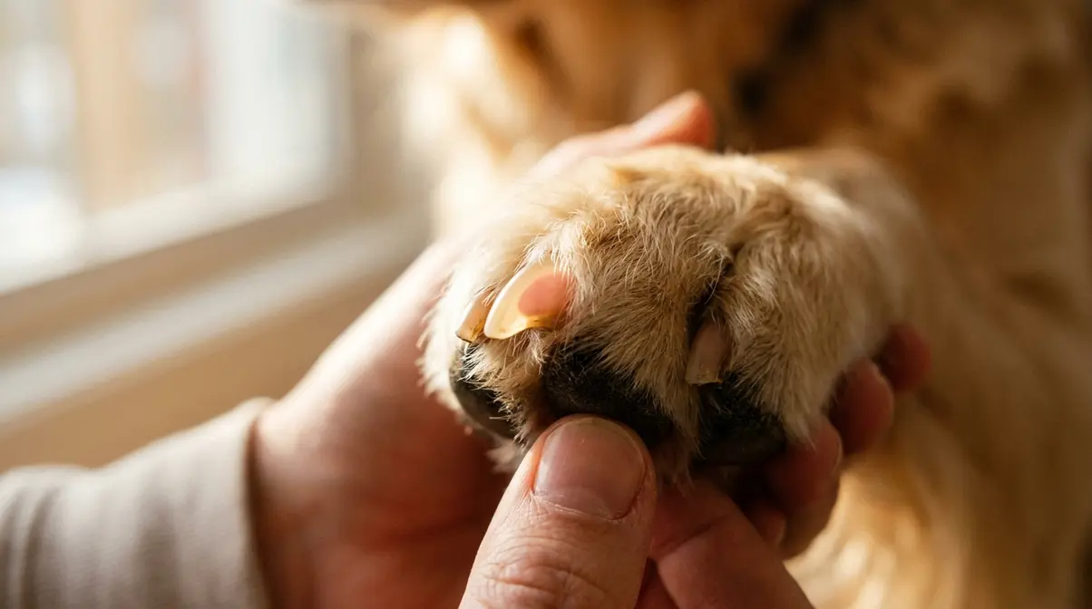 Close-up of Golden Retriever paw held toward light showing pink quick visible inside translucent nail
