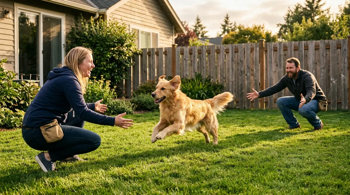Golden Retriever running between two handlers during a ping pong recall training game in a sunny backyard