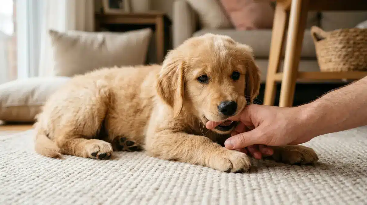 Golden retriever puppy showing relaxed loose body posture during normal play mouthing interaction