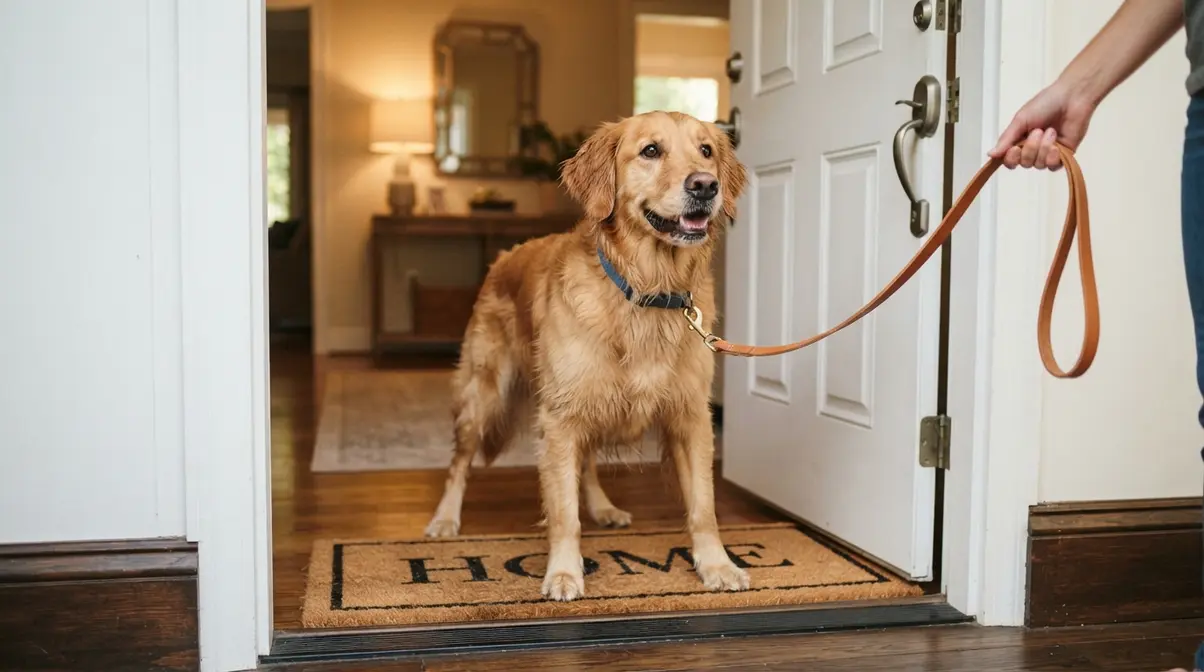 Golden Retriever at the front door after a walk showing high alert energy and excitement