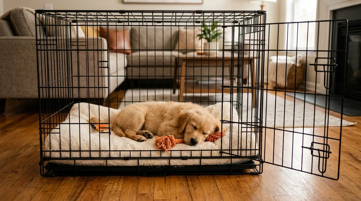 Golden retriever puppy resting calmly inside an open crate during crate training at home