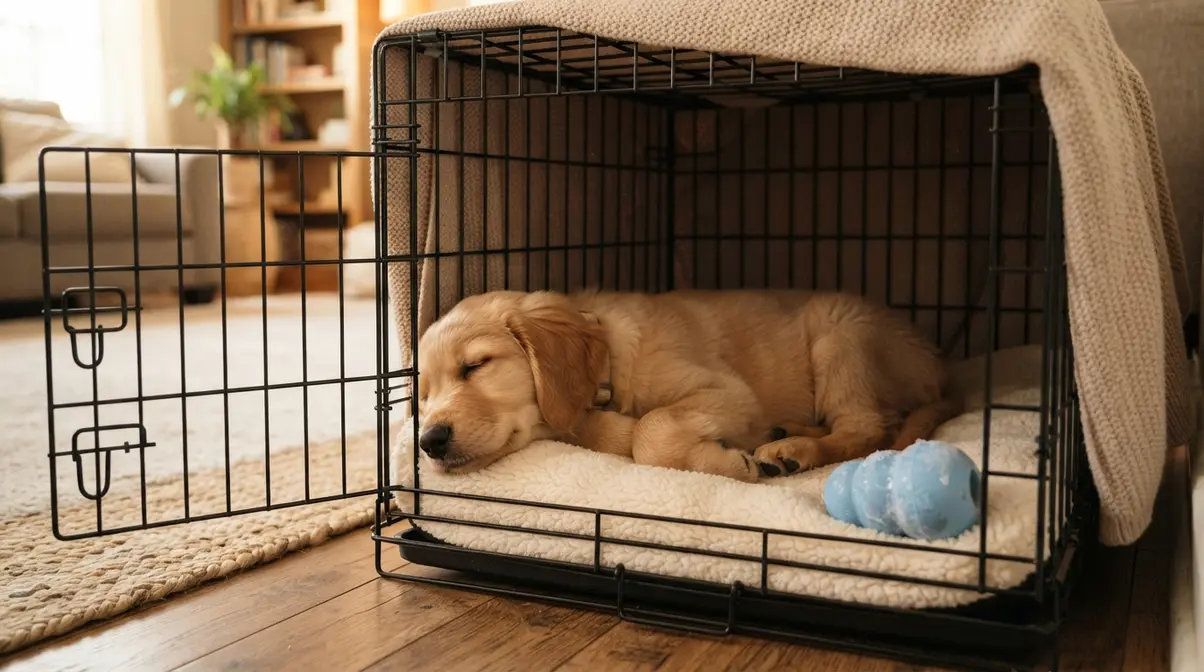 Golden Retriever puppy resting calmly inside a crate with a blanket and frozen Kong toy