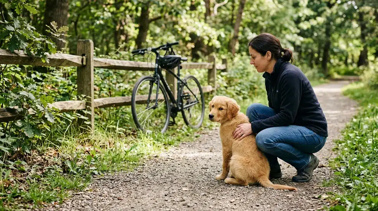 Golden retriever puppy showing cautious behavior behind owner during fear period socialization exercise in park