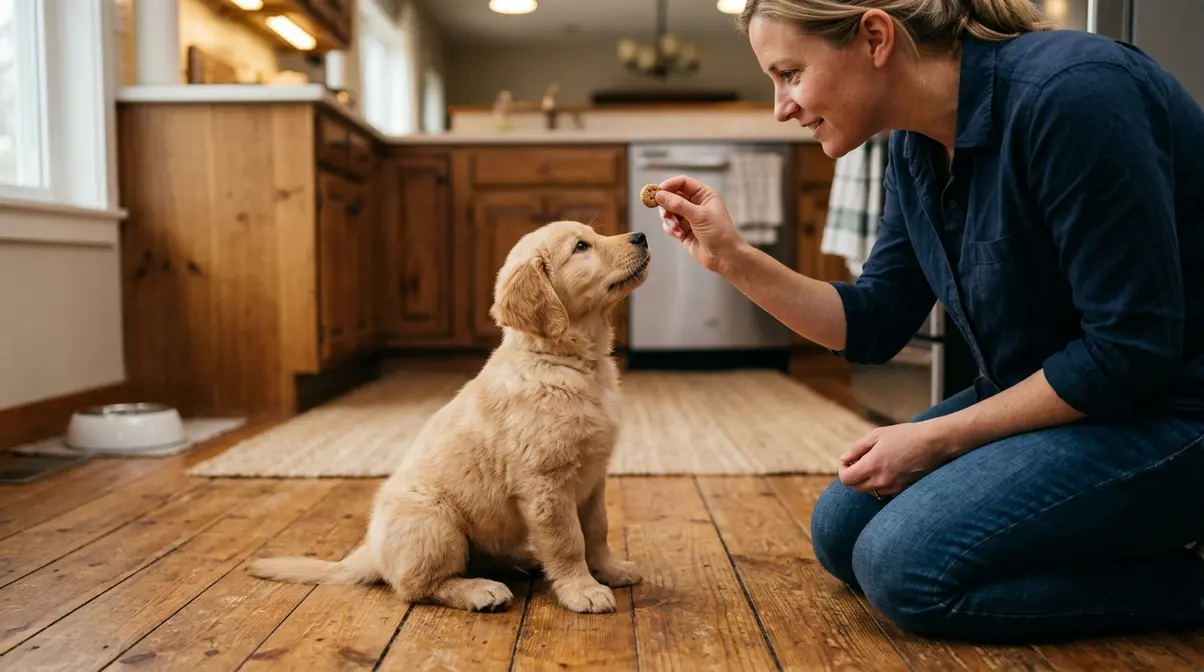 Eight-week-old golden retriever puppy learning to sit during a foundation training session indoors
