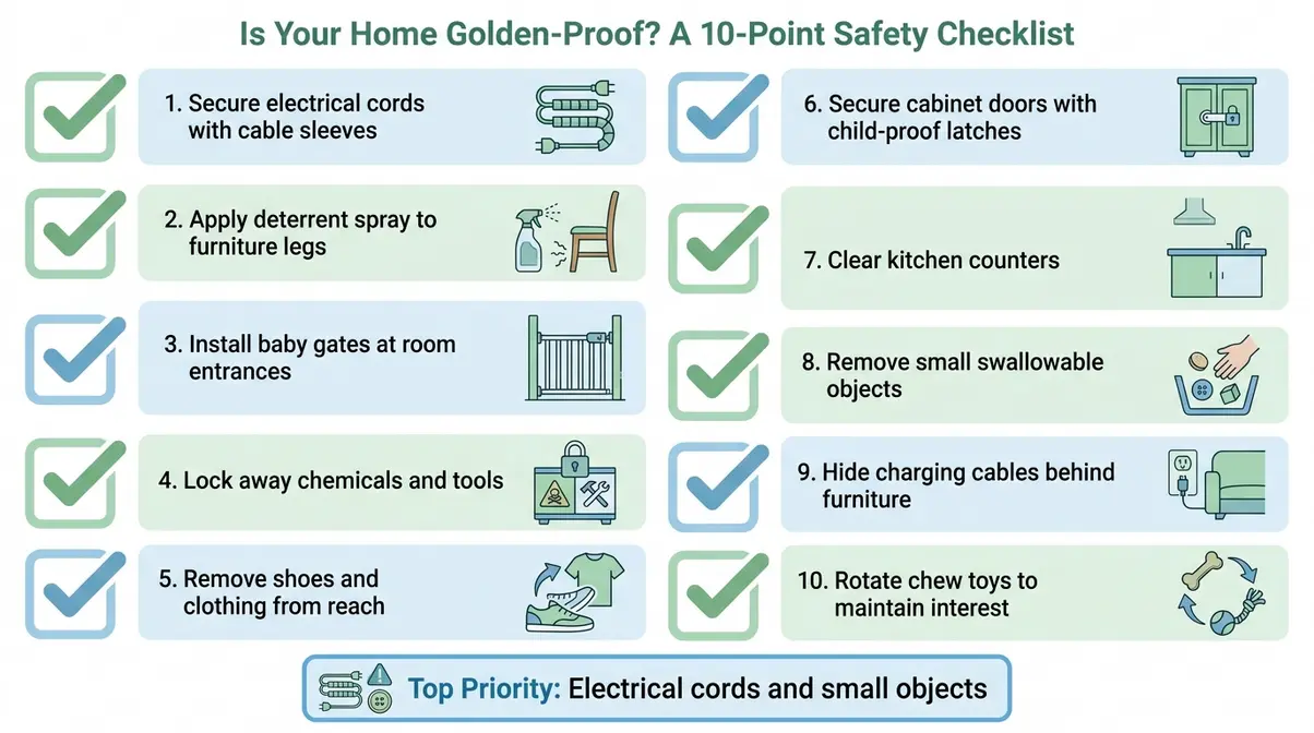 Checklist infographic showing 10 puppy-proofing steps for Golden Retriever owners to prevent destructive chewing hazards