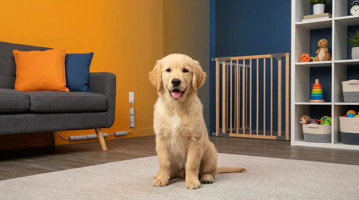 Puppy-proofed living room with secured electrical cords, baby gate, and chew toys arranged for a Golden Retriever
