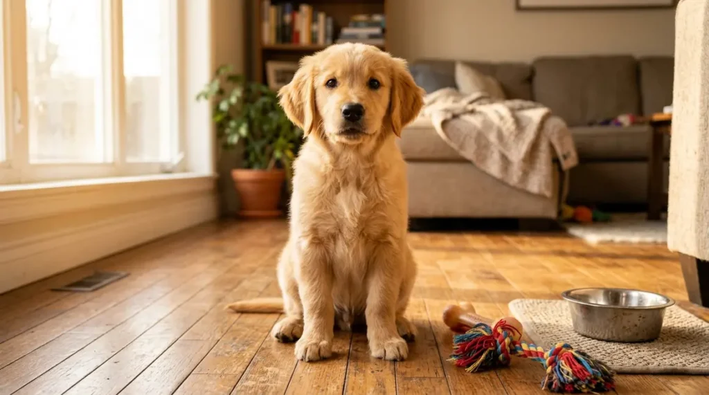 Golden Retriever puppy sitting on hardwood floor at home during morning feeding routine