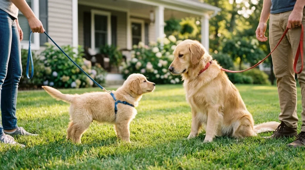 Golden retriever puppy on leash calmly meeting a vaccinated adult golden retriever during controlled socialization in a front yard