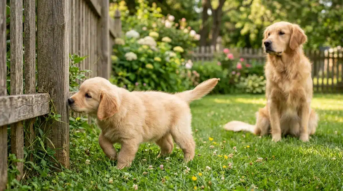 Golden retriever puppy confidently exploring backyard fence with adult dog nearby during socialization