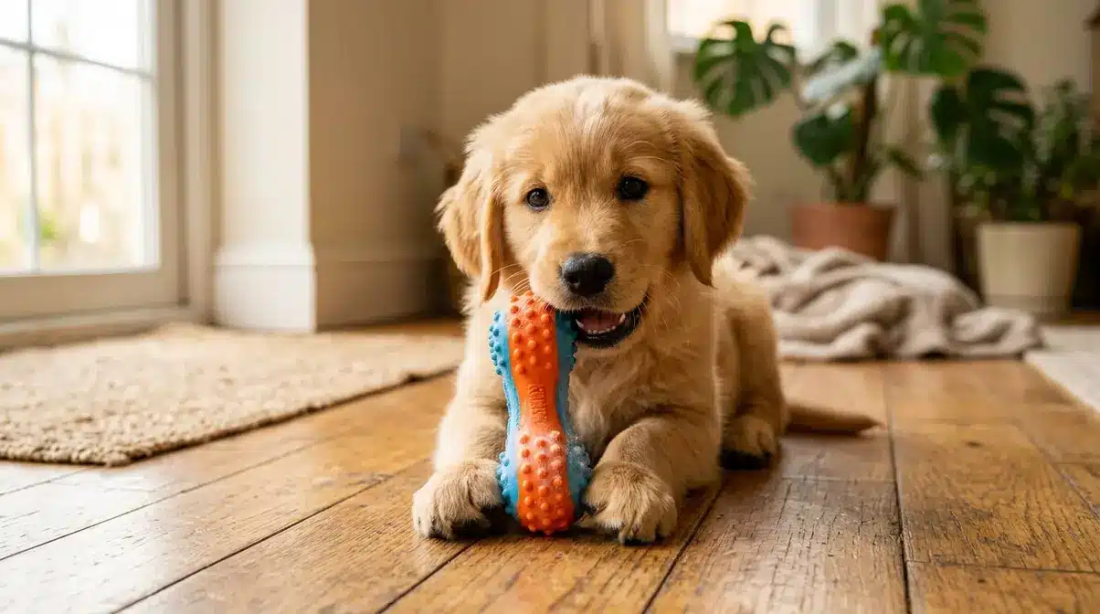 Young golden retriever puppy chewing a frozen toy during the teething carpet shark phase at 10 weeks