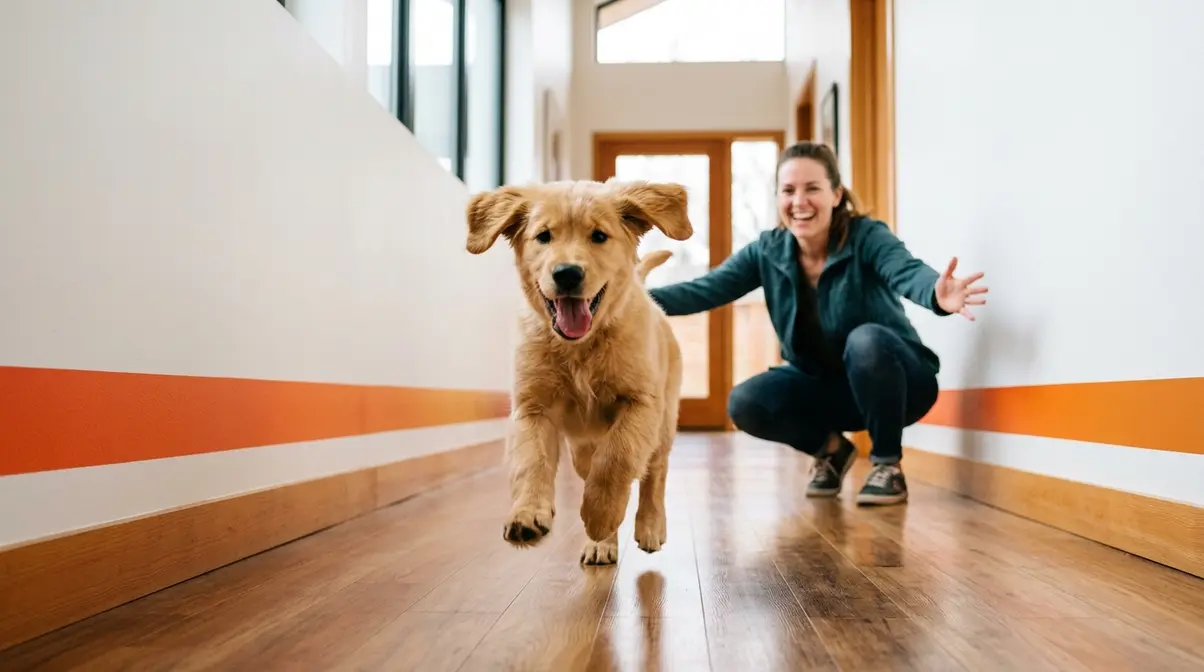 Golden Retriever puppy sitting attentively during training session with owner holding treat in backyard