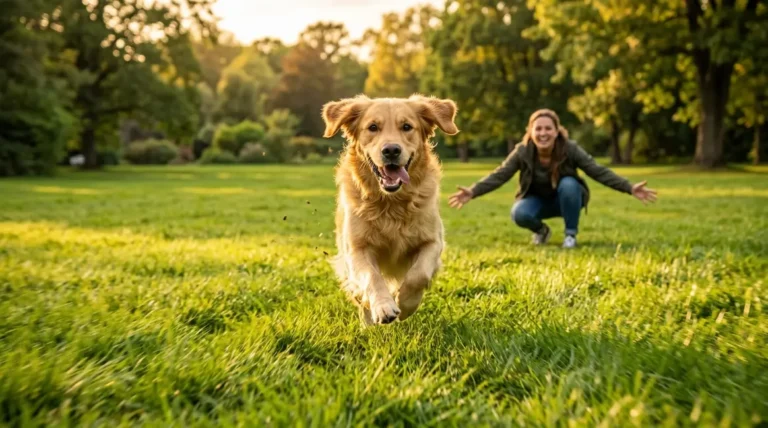Golden Retriever sprinting toward owner during recall training in a sunny park