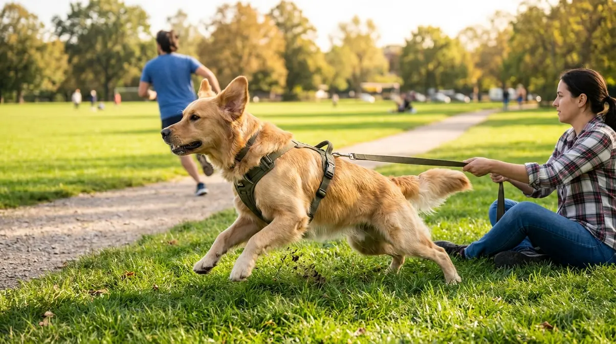 Golden Retriever held by second person straining toward owner running away during restrained recall training game
