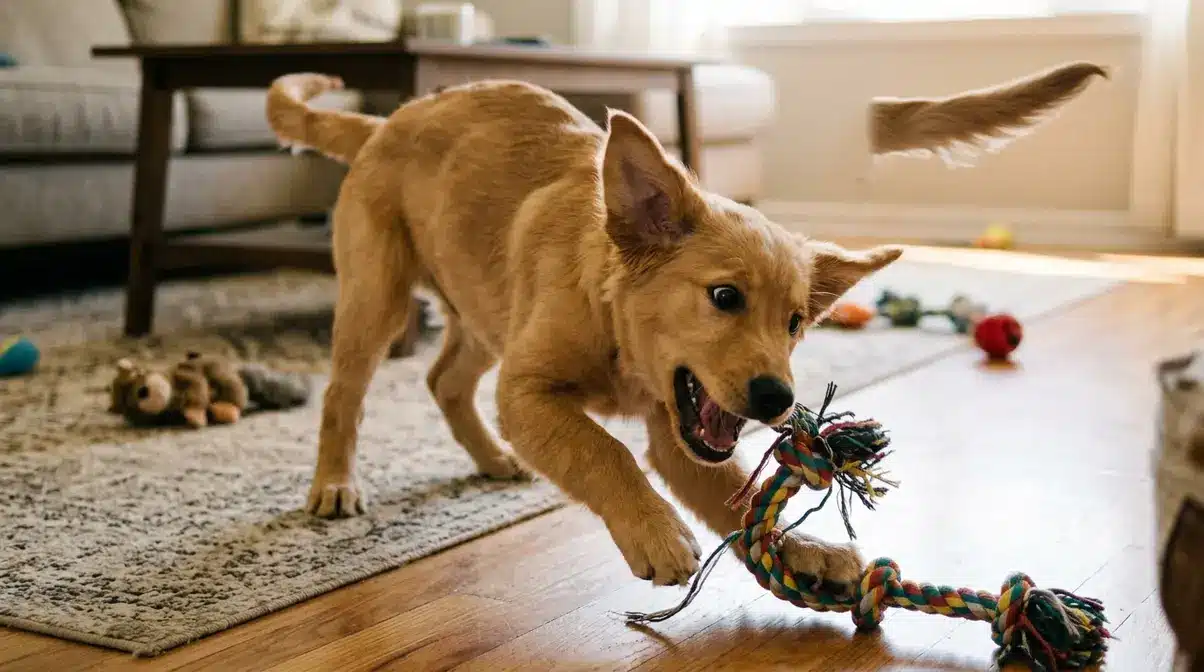 Golden retriever puppy in an overstimulated aroused state during rough play showing escalation warning signs