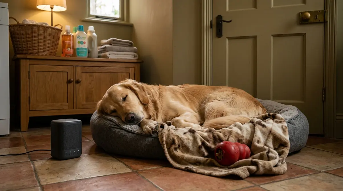 Golden retriever resting calmly in a prepared interior safe space with white noise machine nearby