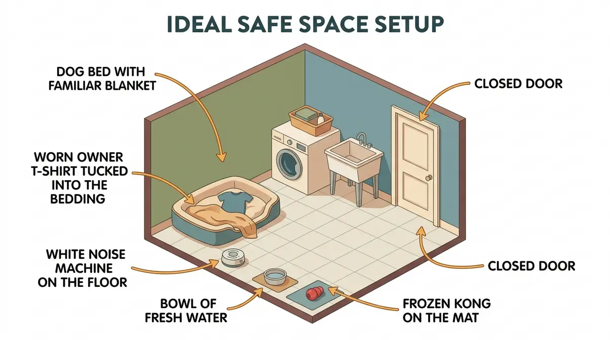 Diagram showing safe space setup for golden retriever fireworks anxiety with labeled comfort items and sound masking