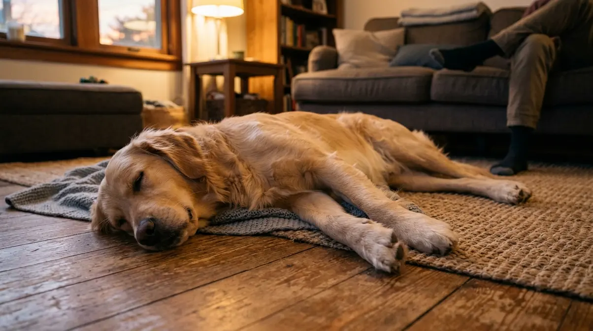 Golden Retriever fully sprawled and deeply asleep on living room floor showing natural sleeping position