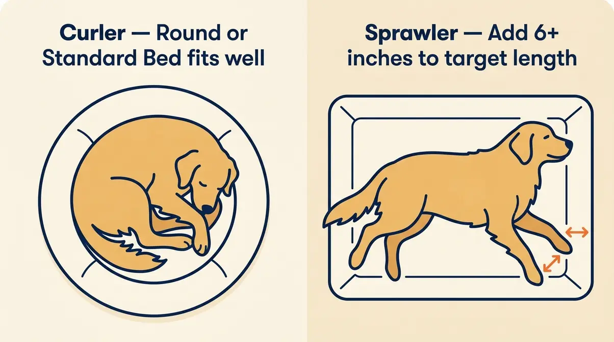Illustrated diagram showing a Golden Retriever curled on a round bed versus sprawled on a rectangular XL bed