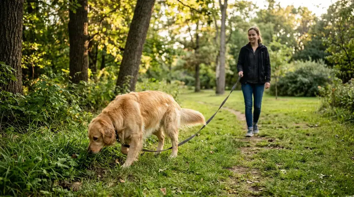 Golden retriever on a sniff walk nose to ground in a park for mental energy management before training