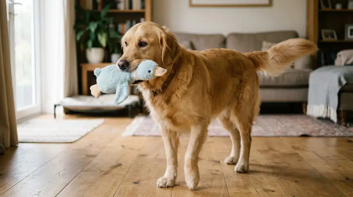 Golden retriever carrying a soft toy gently in its mouth demonstrating the natural soft mouth instinct