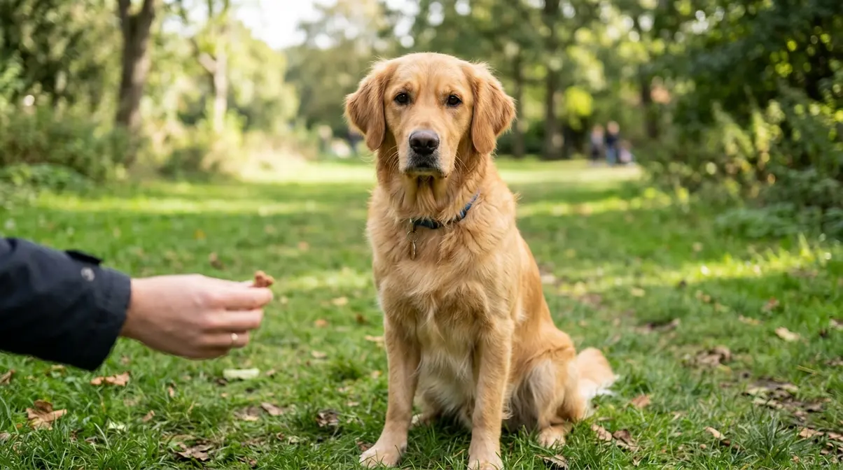 Golden retriever making eye contact with owner during a reward-based training session outdoors