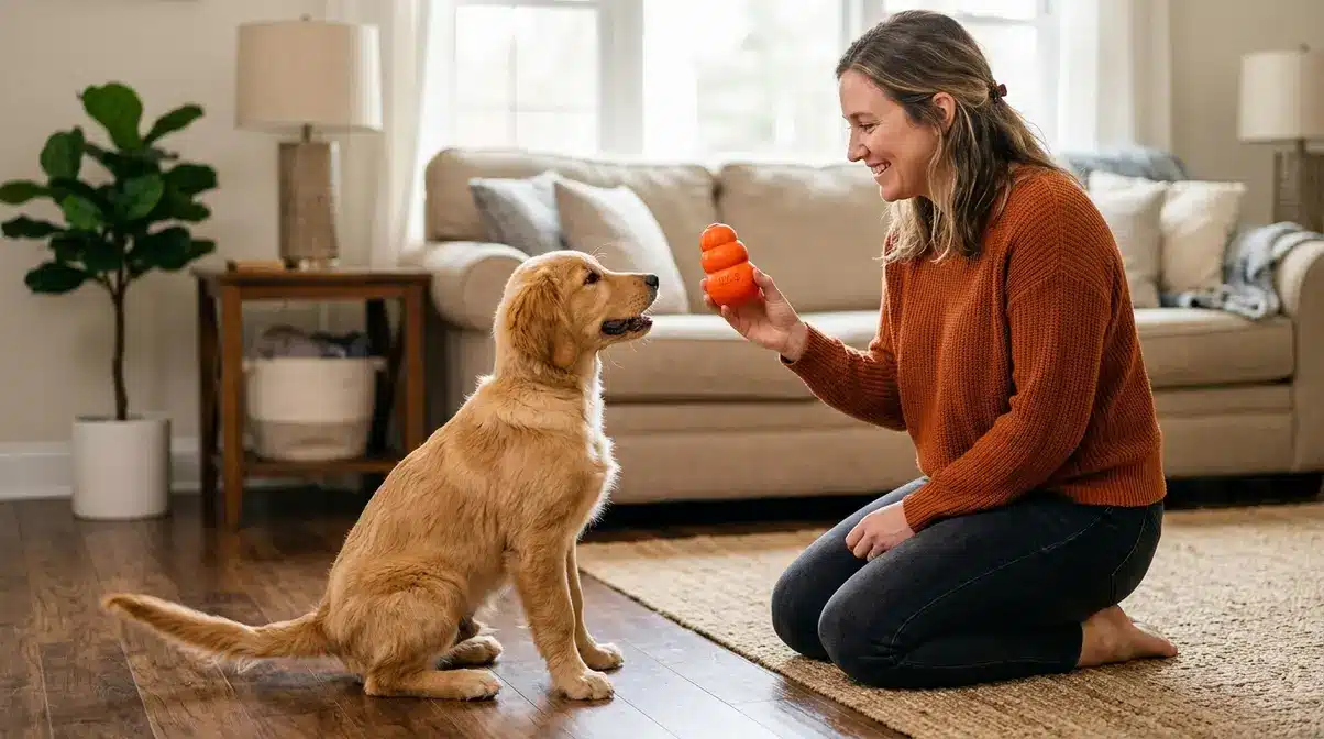 Person redirecting Golden Retriever to rubber chew toy during positive reinforcement training session