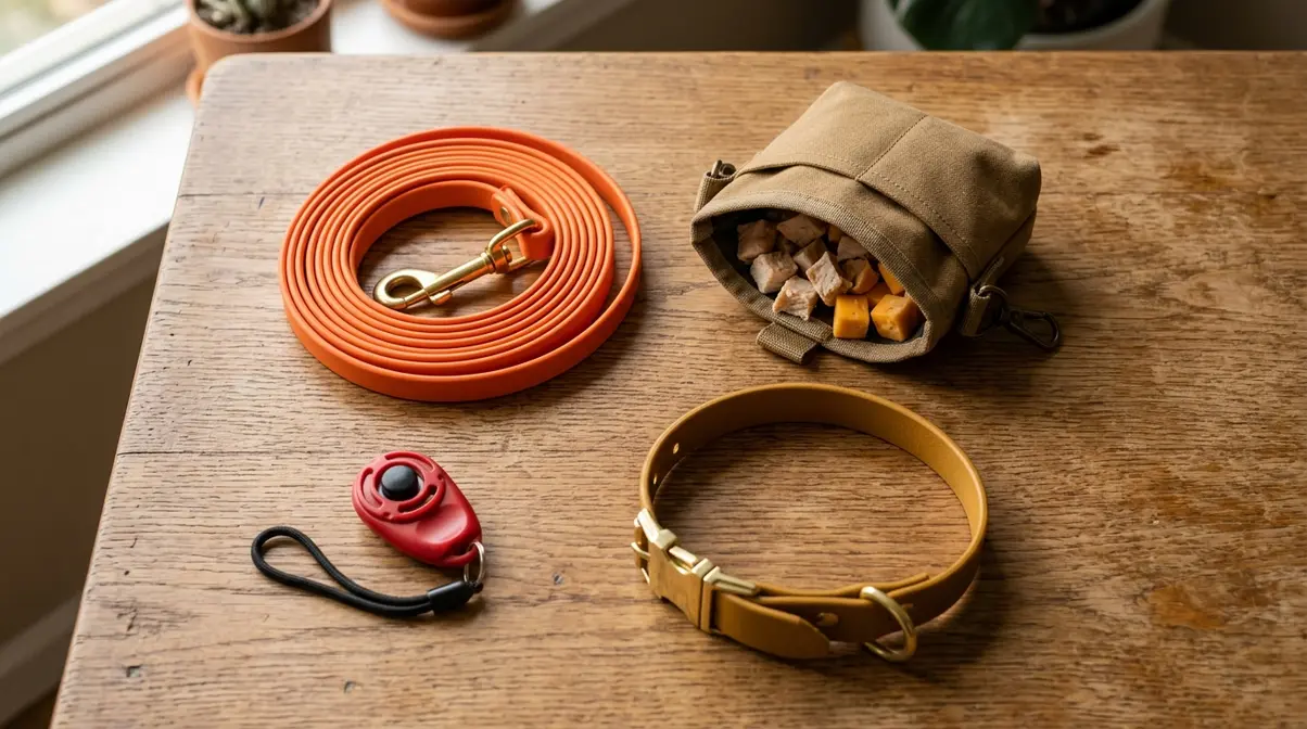 Golden Retriever recall training gear including long line, treat pouch, flat collar, and clicker on a wooden surface