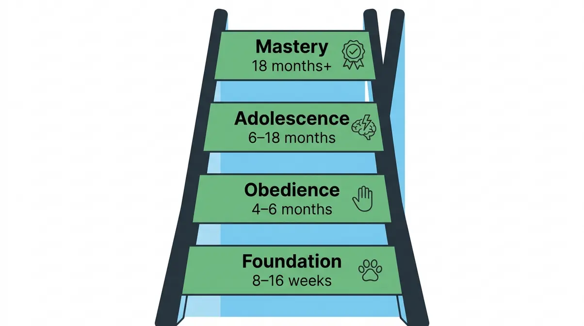 Golden Retriever training stages diagram showing four rungs from puppy to adult