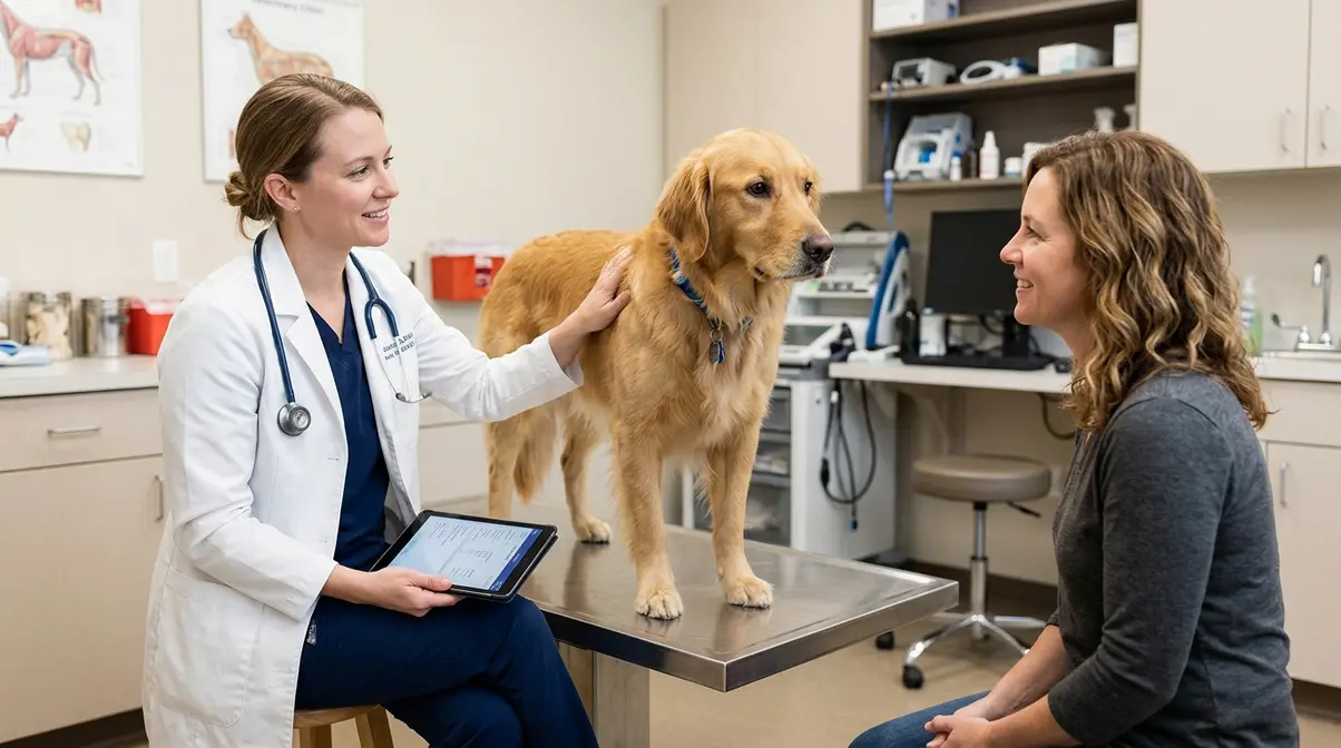Veterinarian consulting with owner about golden retriever severe noise phobia treatment options