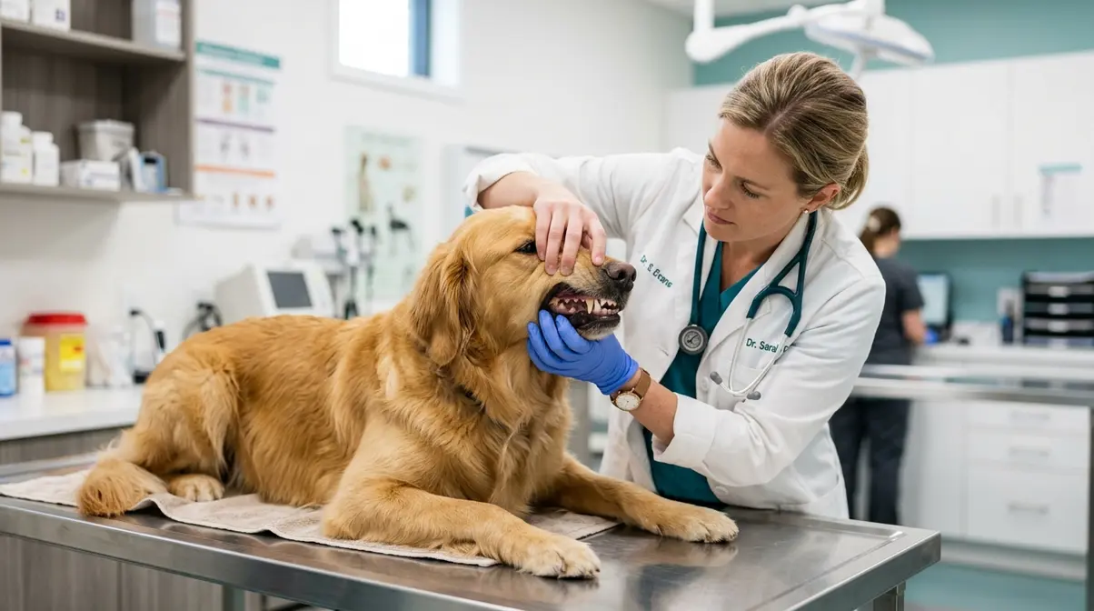 Veterinarian examining Golden Retriever teeth and mouth during clinic checkup for chewing health concerns