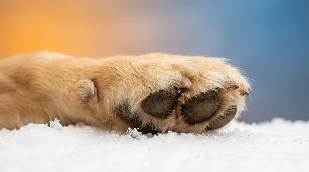 Golden retriever winter paw care showing a healthy dog paw resting on snow