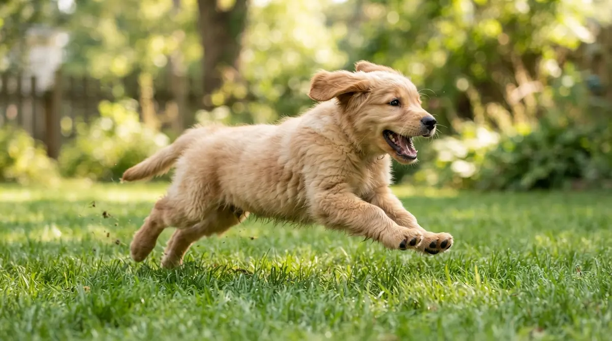 Golden Retriever puppy in mid-sprint zoomies across a bright green grassy backyard
