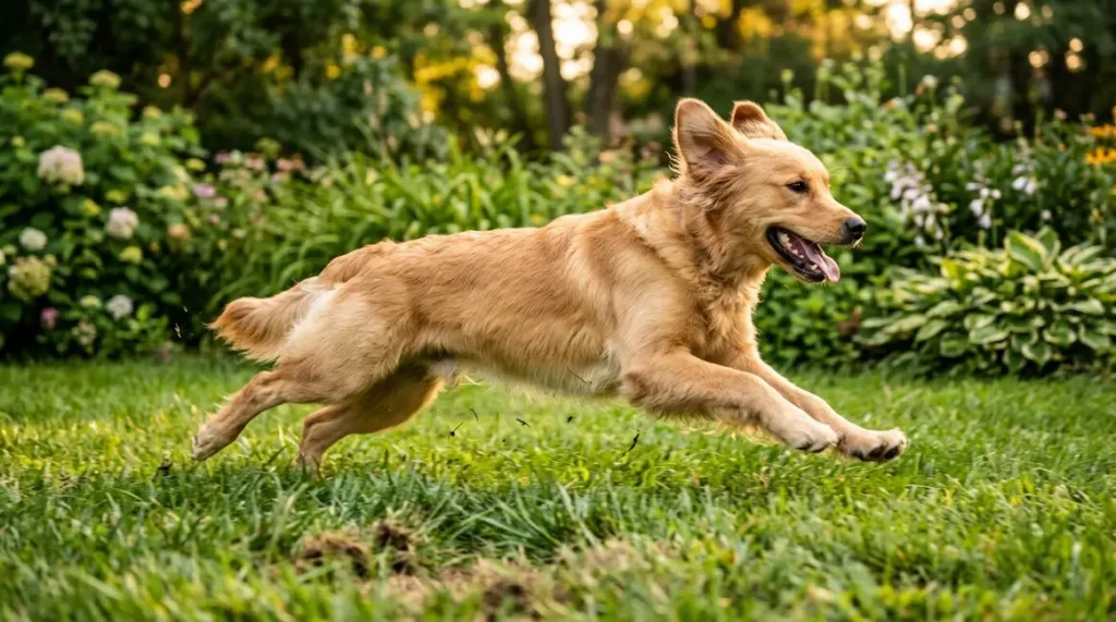 Young Golden Retriever running full-speed zoomies across a sunlit backyard lawn