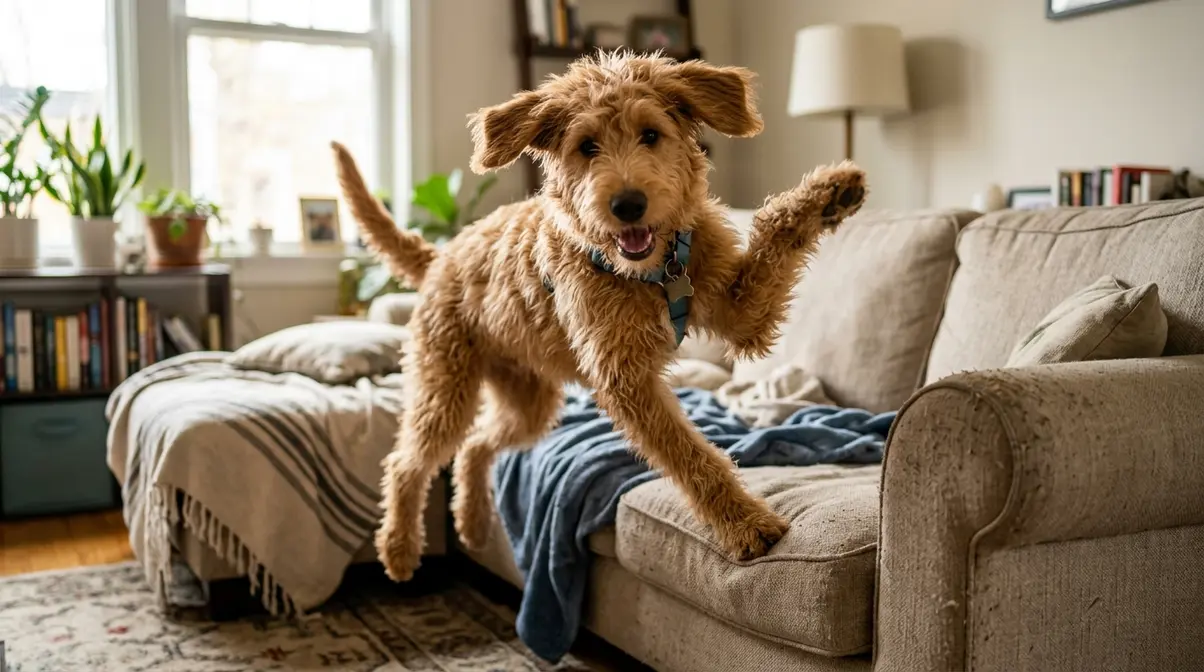 Adolescent Goldendoodle jumping on couch showing impulsive behavior typical of the six to eighteen month phase