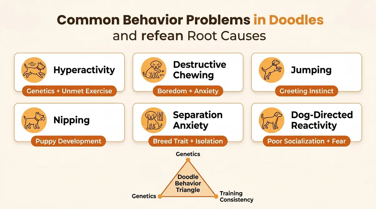 Infographic showing six common Goldendoodle behavior problems and their root causes using the Doodle Behavior Triangle framework
