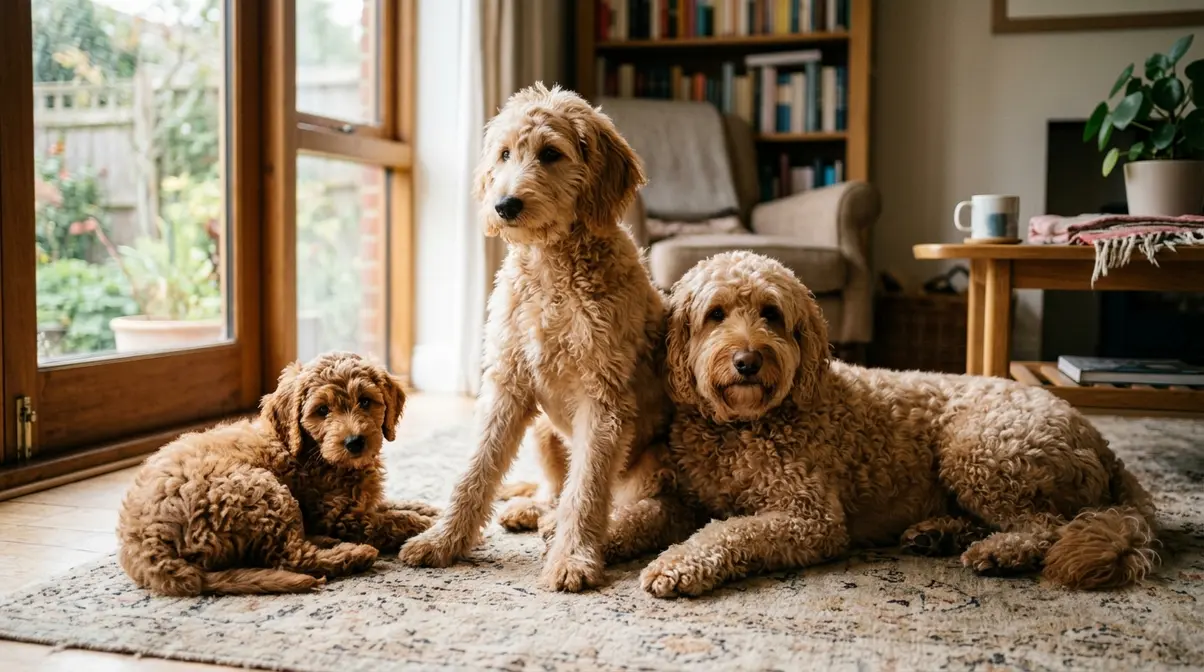 Three Goldendoodles at different ages showing puppy adolescent and adult behavior development stages
