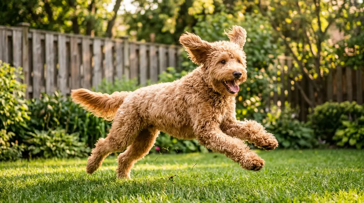 Energetic Goldendoodle mid-zoomie in backyard demonstrating characteristic hyperactivity behavior problem