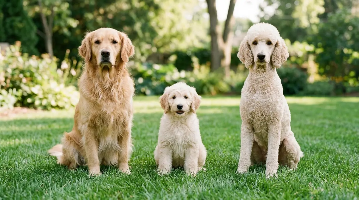 Goldendoodle puppy sitting beside Golden Retriever and Poodle parents illustrating genetic root causes of behavior