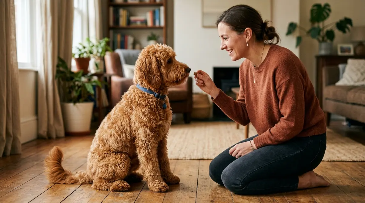 Owner using positive reinforcement treat training with Goldendoodle in sit position on living room floor