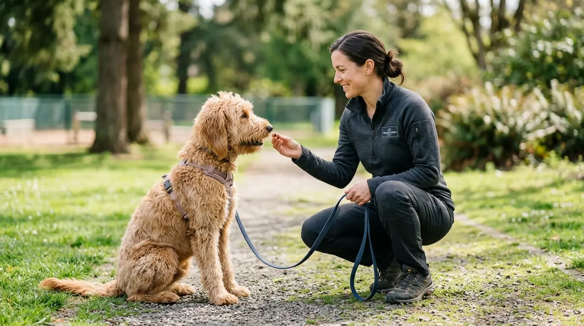 Professional dog trainer working with calm Goldendoodle on leash in structured training session