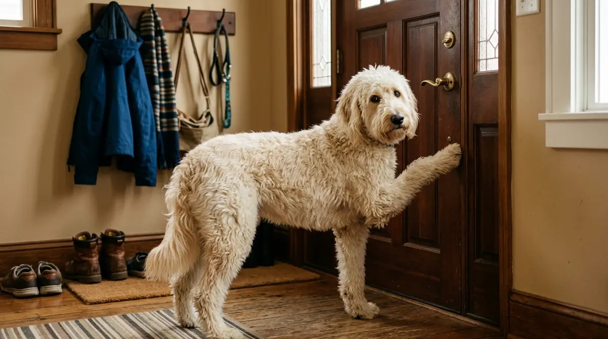 Goldendoodle standing at closed front door showing signs of separation anxiety waiting for owner