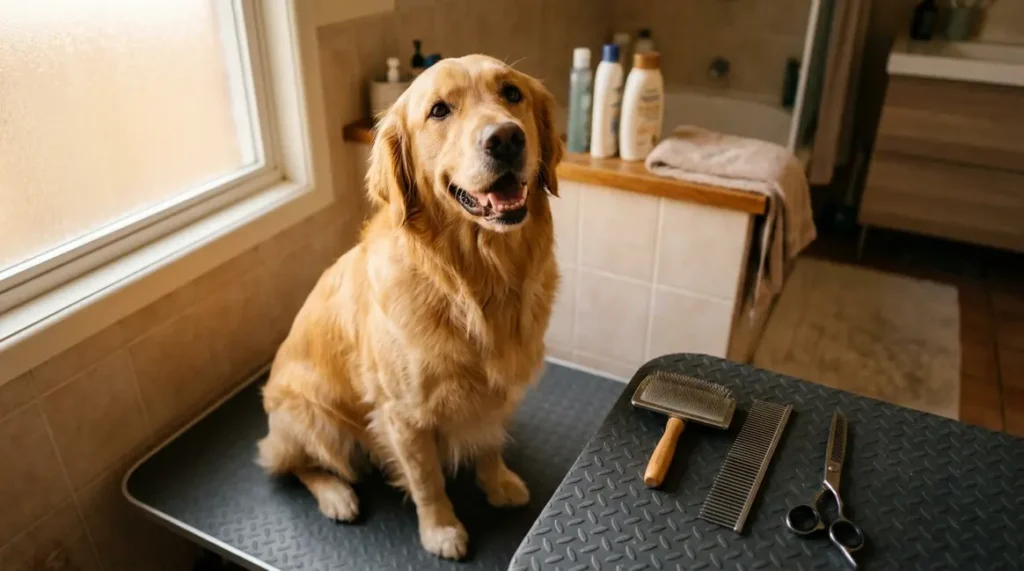 Golden Retriever sitting calmly on a non-slip mat with grooming tools arranged nearby at home