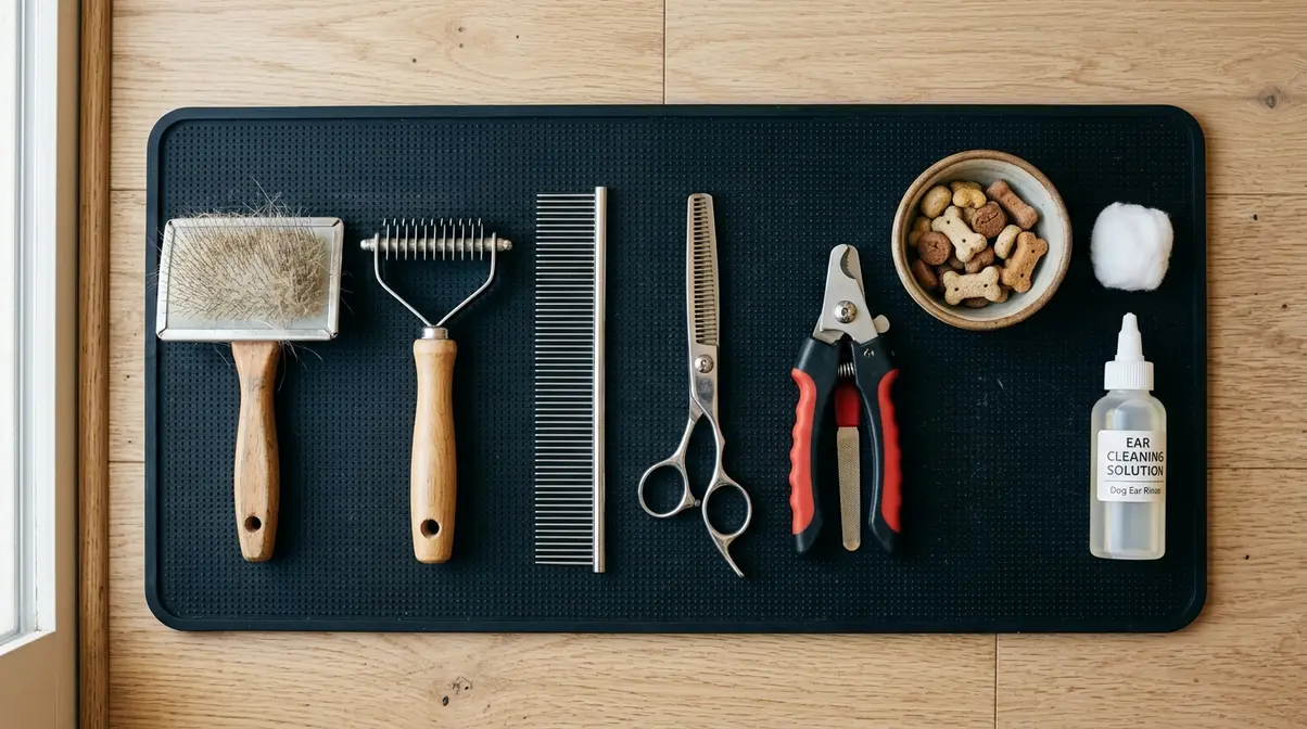 Golden Retriever grooming tools arranged in order of use on a non-slip mat, ready for an at-home session