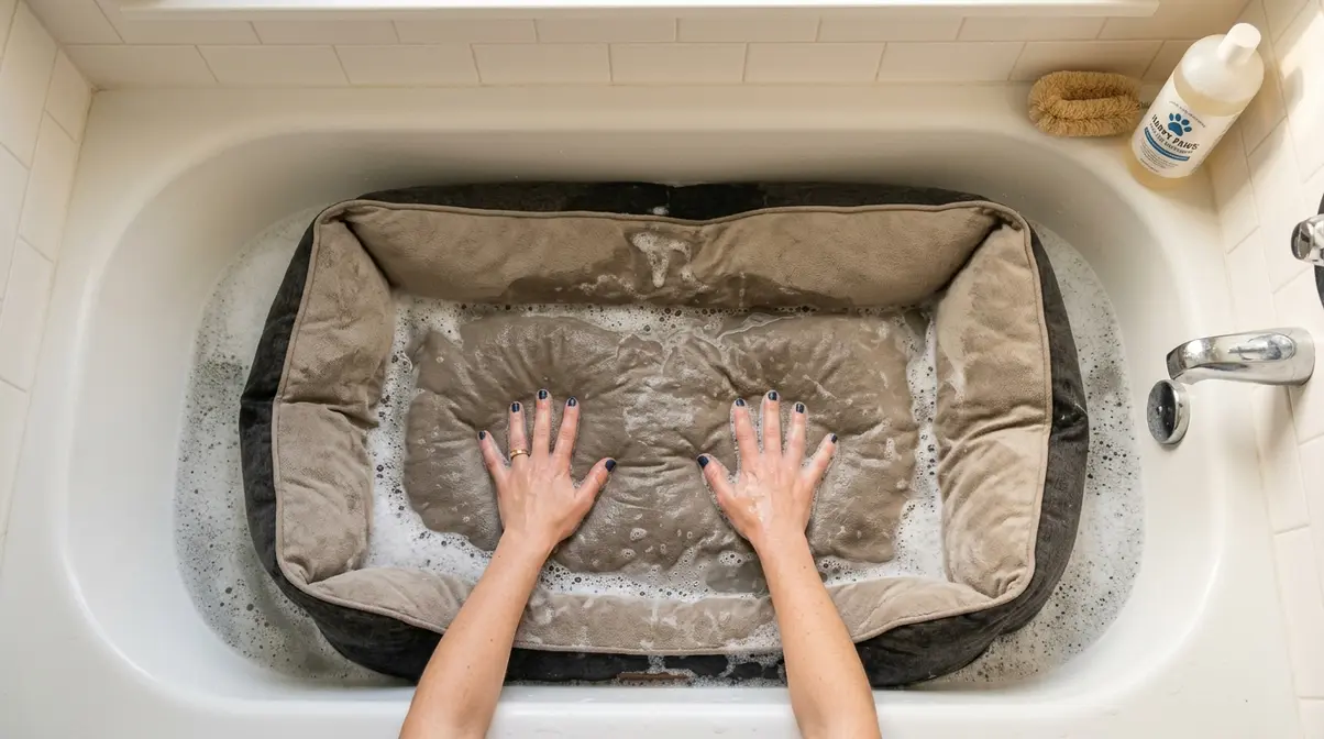 Large dog bed fully submerged in a bathtub with soapy water, hands pressing it down during hand-washing