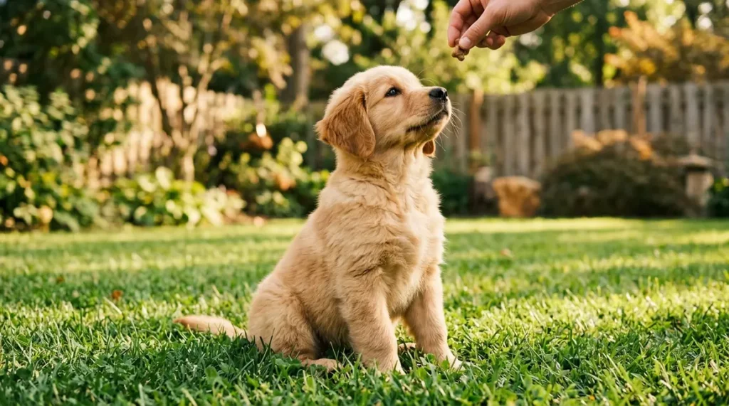 Golden retriever puppy sitting attentively during a training session on a sunny lawn