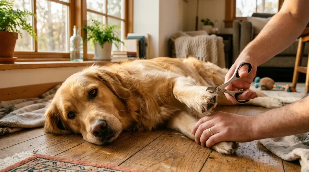 Golden Retriever paw held gently while trimming dog nails at home with clippers
