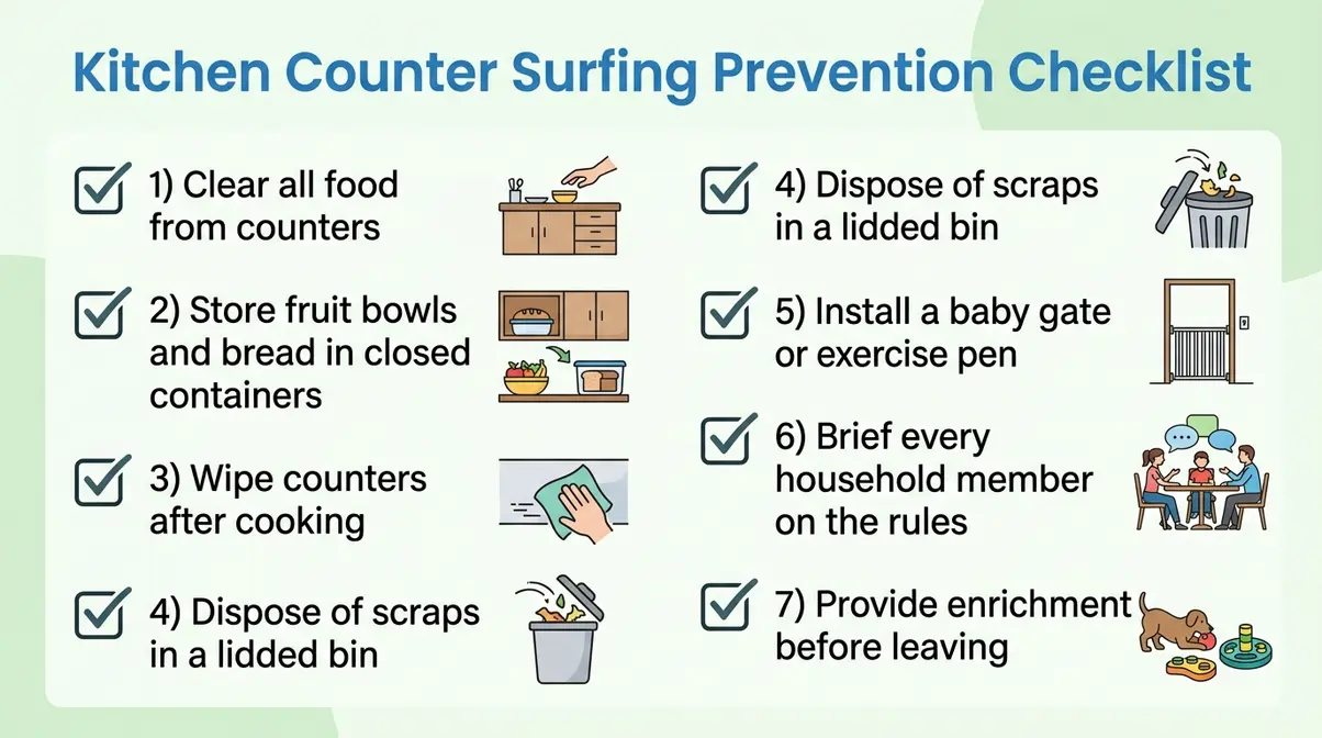Printable checklist with seven management steps to prevent dog counter surfing in the kitchen