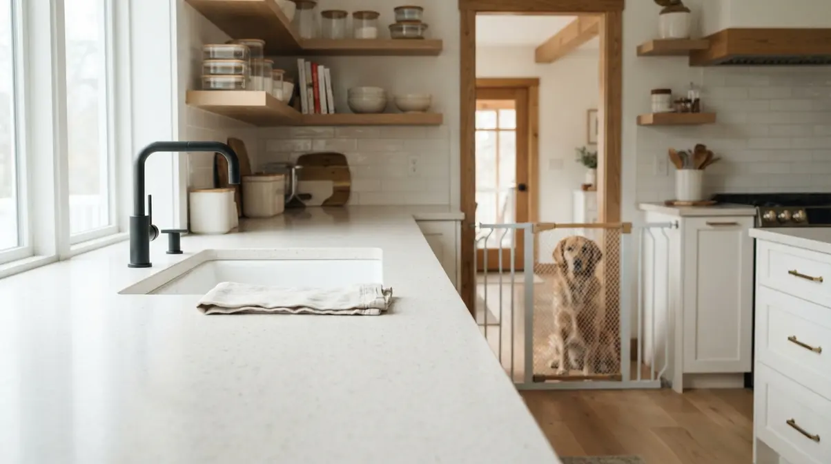 Completely clear kitchen counter with lidded containers and baby gate blocking dog access