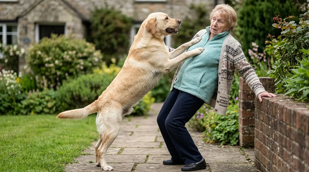 Large dog jumping on elderly woman outdoors showing safety risk from jumping behavior
