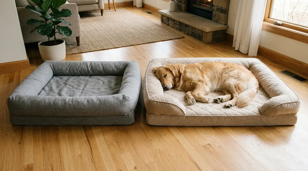 Golden Retriever lying on an extra-large dog bed beside a standard large bed showing size difference